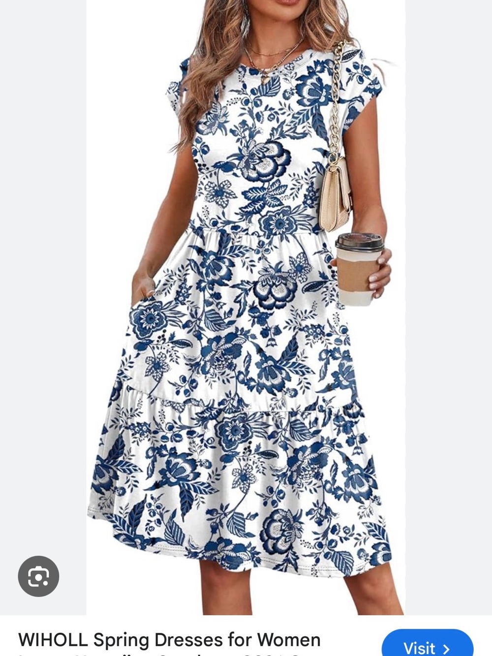 Blue & White Floral Tiered Midi Dress for Women